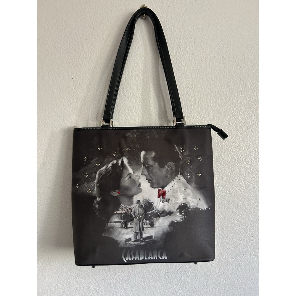 Casablanca Movie Printed Tote Bag/Purse W/Main Stars Featured B & W- Bedazzled
